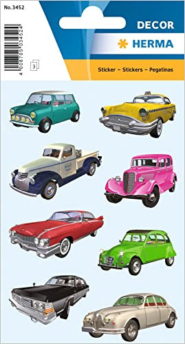 HERMA 3452 Aufkleber Autos klein groß, 24 Stück, Auto Sticker mit Vintage Oldtimer Fahrzeug Motiv, Kinder Etiketten für Fotoalbum Tagebuch Poesiealbum Scrapbooking Geburtstag Deko Briefe DIY Basteln