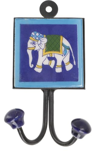 GURU SHOP Doppelwandhaken, Garderobenhaken mit Keramikfliese, Modell 9 | Handgefertigte blue Pottery, indische Keramik, Maße: 8x8 cm, einzigartiges Design, einfache Montage