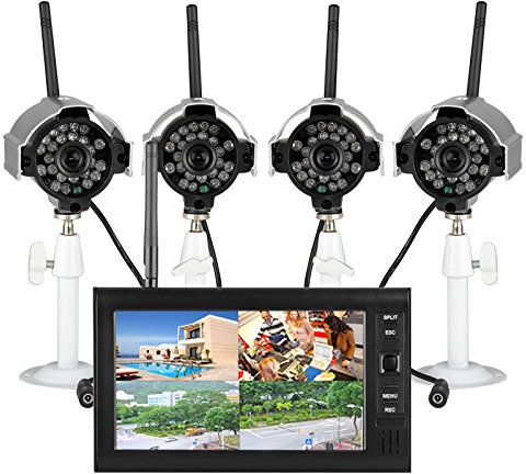 BW Kit DVR wireless a 4 canali: monitor TFT-LCD da 7, 4 telecamere per visione notturna IR, rilevamento del movimento, registrazione della scheda Micro SD