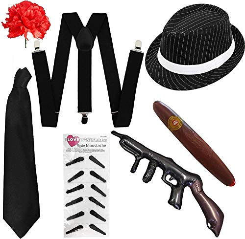 I LOVE FANCY DRESS 7-TEILIGES AL Capone KOSTÜM-Set FÜR Erwachsene KOSTÜMZUBEHÖRSET FÜR Gangster DER 1920ER Jahre - SCHWARZES NADELSTREIFEN Set - PERFEKT FÜR Gangster-KOSTÜME (EINHEITSGRÖẞE)
