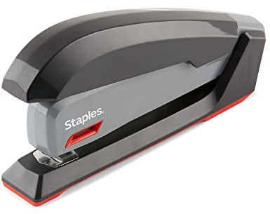 Staples One-Touch Desktop Stapler, 20 Sheet Capacity, Full Strip Standard Staples Included, Ergonomic Manual Stapler for Office, School, and Home Desk, Gray/Black/Red