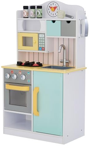 Teamson Kids Little Chef Florence Classic Interactive Wooden Play Kitchen with Accessories and Storage Space for Easy Clean Up, White with Mint Green and Yellow Accents