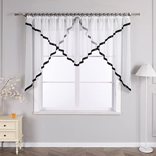 Joyswahl Scheibengardine Voile Bistrogardinen mit Satinband Raffrollo mit Kräuselband Kuvertstore HxB 120x300cm Schwarz 1er Pack
