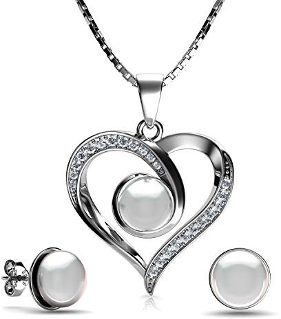Dephini Set aus Perlenkette und Perlen-Ohrringen aus 925er Sterlingsilber, echte Perlen-Ohrringe & Perlen-Anhänger, feines Schmuckset für Frauen, 45 cm, rhodiniert, Geschenke für Frauen