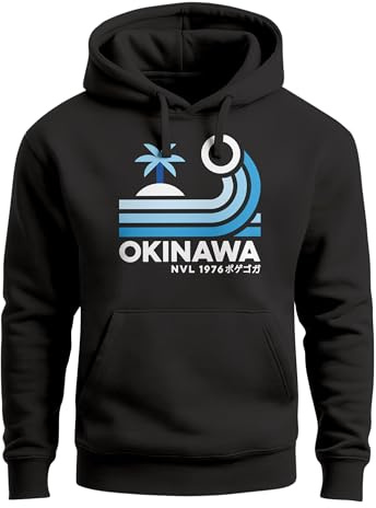 Neverless® Hoodie Herren Japan Okinawa Schriftzug Retro Palme Welle Print Kapuzen-Pullover Männer Fashion Streetstyle