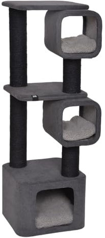 Ebi, Kratzbaum Modell Akita 37 x 37 x 111 cm, Grau, mit Zwei Tunneln und Unterschlupf zum Entspannen, Stoff mit Komfortschaum, Unterstand mit Kissen aus Plüsch, Sisal und Stoff