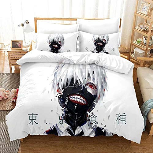 PTNQAZ Anime Tokyo Ghoul Kaneki Ken Tröster Bettwäsche-Set, weiß, Bettbezug-Set, Einzelbett, Doppelbett, King-Size-Bett, 2/3-teilig (Einzelbett)