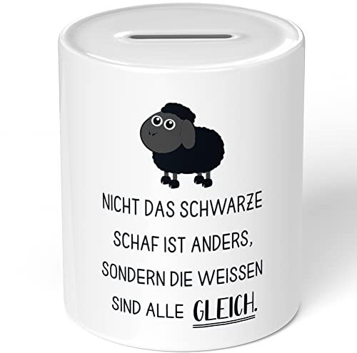 JUNIWORDS Spardose Sparbüchse, Nicht das Schwarze Schaf ist Anders, sondern die Weißen sind alle gleich (1004515)