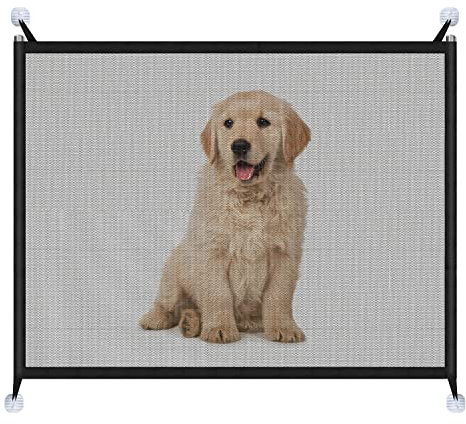 Colexy Puerta mágica Barrera para Perros, Red de Seguridad para Mascotas Extensible, Puerta de Escalera Plegable Portátil de Instalar en Cualquier Lugar, Vallas Gasa con Ganchos y Barras (110 * 72cm)