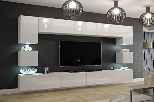 Furnitech Wohnwand Wohnzimmer | Wohnzimmer Möbel mit LED Blau | Hängend Wohnwand Modern | Wohnzimmer Schrankwand mit Regale und TV Schrank (Nawara Weiß)