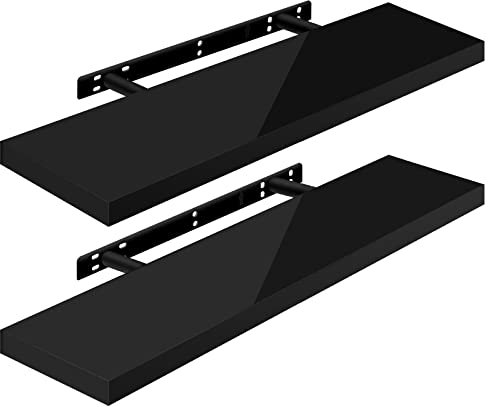 WOLTU Wandregal Volato Set von 2 Regalen Wandboard freischwebend Schweberegal CD DVD Regal Bücherregal Holz Board 90x22,9x3,8cm Hochglänzend Schwarz RG9481sz-2