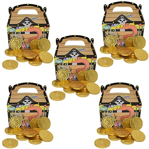 55 Goldmünzen aus Milchschokolade plus 5x Piraten-Schatzkiste aus Karton I 425g I Ideal als Mitgebsel und für Kindergeburtstage (55 Goldmünzen + 5 x Piratenbox) I Schokoladengeschenkset