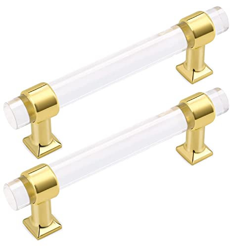 SYZOW 6 Stück Acryl Transparenter Griffe KüChengriffe Gold Griffe Bohrlochabstand 192mm-Türgriffe Küche Möbelgriffe Kristallschrankgriff Zinklegierung Möbelgriffe