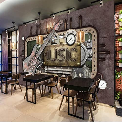 Rétro nostalgique métal industriel vent guitare fer engrenage papier peint 3D Rock musique Bar Ktv décor fond Murale Papier Peint 3D Salle de séjour Chambre à coucher séjour Mural enfant-150cm×105cm