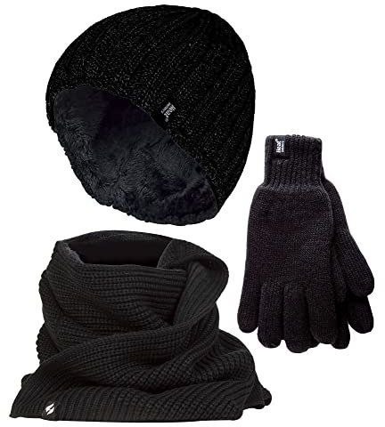 HEAT HOLDERS Herren Stricken Mütze Schal Handschuhe Set Luxuriös Warme Fleece Thermo Winterse (L-XL, Schwarz)