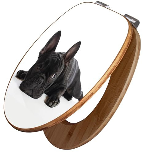 banjado Design WC Sitz Bambus Absenkautomatik 45,8x37,5cm / Toilettendeckel mit Absenkautomatik Holz/hochwertiger Bambus Klodeckel/WC-Sitz für gängigen Toiletten/Motiv Bulldogge