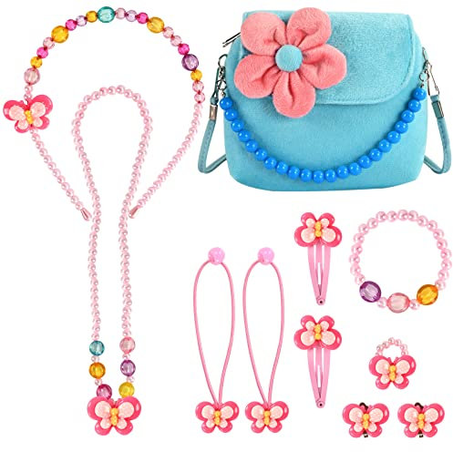EKKONG Kinderschmuck Kleine Mädchen, Plüsch Handtasche für Mädchen, Schmuckset Kinder mit Haarspangen Halskette Armband Ring Ohrring Haarreif Haargummi, Modeschmuck Party Favors Geschenk für Mädchen