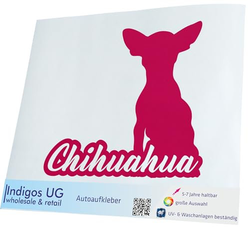 INDIGOS UG Auto Aufkleber Chihuahua mit Name Techichi - 300x272mm pink - Selbstklebender Sticker für Auto, Fenster, Bus oder LKW - Tuning