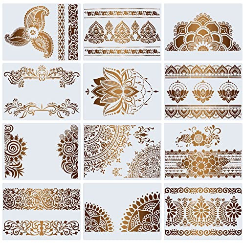 12 Pcs Wiederverwendbar Schablonen Vintage Mandala Schablone Kunsthandwerk Schablonen Malerei Schablonen Blume Grenze Schablone Wand Schablonen für Scrapbooking Zeichnung Möbel Heimdekoration