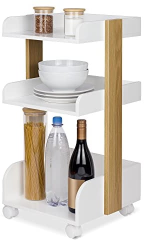 bomoe Aufbewahrungswagen mit Rollen 69 cm hoch – FSC® Holz Rollwagen Badezimmer Büro Küchenwagen Weiß Eiche Servierwagen Bastelwagen Beistellwagen Regal auf Rollen Allzweckwagen Kosmetikwagen – Bosse