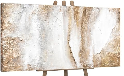 YS Tableau decoration murale salon peinte à la main Esthétique Peinture moderne dans des tons beige clair avec des lignes dorées Surface texturée 200x100 cm