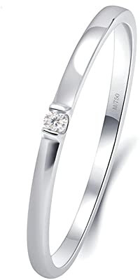Bishilin Trauring Weissgold 750 Damen Einzeln, Frauen Ring Solitä Schmal mit 0.015ct Diamant Weißgold Ring Hochzeit und Verlobung Größe 63