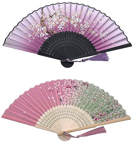 Kibon Folding Fans, Handheld Fans, 2 PCS Hand Fans, Bamboo Fans with Tassel for Birthday Gifts Dancing Cosplay Wedding Party Props Decoration