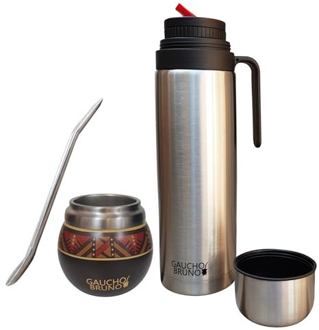 Gaucho Bruno - Mate in acciaio inossidabile per bere Yerba Mate | Mantiene la temperatura della bevanda | Con Bombilla e thermos da 1 Litro con Beccuccio di Precisione pico Cebador