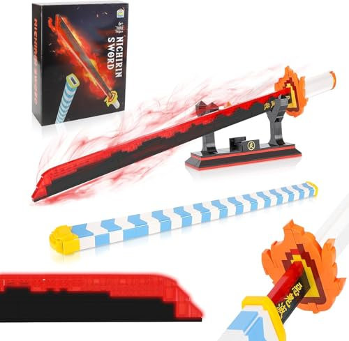 QLT QIAOLETONG Demon Slayer Schwert Cosplay Animes Rengoku Kyoujurou Katana?Klemmbausteine Bausteinen deko Geschenk für Erwachsene und Jungen ab 6-16 mit Scheide Halterung(Schwert 792 pcs)