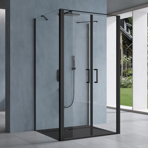doporro U-Form Duschkabine 90x90cm Duschabtrennung in schwarz zwei Drehtüren ESG-Sicherheitsglas Klarglas mit Nano-Beschichtung Ravenna66UK