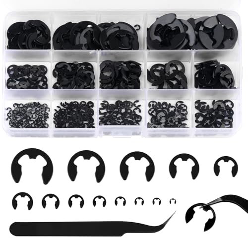 510 Stück Sprengring Set, E-Clip Sicherungsringe mit Pinzette, 1,5mm-15mm 13 Größe Sicherungsscheiben Sortiment Set Werkstoff Edelstahl für Befestigen Lagern Zahnrädern Riemenscheiben