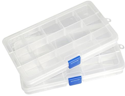 Qualsen Plastik Aufbewahrungsbox Einstellbar Fächer Sortimentskasten Schmuckschatulle Werkzeugcontainer (15 Raster X 2 Packungen, Transparent)