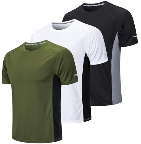 Gaiatiger 3 Pack Mens T-Shirts Quick Dry Gym Tops for Men Breathable Sport T Shirts Moisture Wicking Running Training Short Sleeve Tops,20412-Black White Green-L