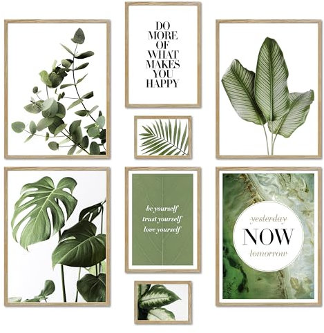 ARTFAVES® Poster Set - ELEGANTE BOTANIK - mehrteilige Wanddeko Wohnzimmer & Schlafzimmer, Badezimmer - 8 moderne Wandbilder Eukalyptus, Monstera, Pflanzen, grün, natur - mit Rahmen Eiche