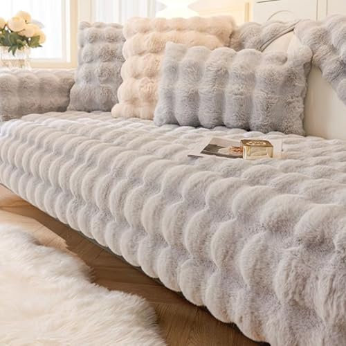 Gluhbirnen Kaninchen Plüsch Sofabezug, Sofa überwurfdecke, Sofa Überwurf, Sofaschoner rutschfest, Warmer Super Weicher Plush Sofabezug, Hellgrau, 70 * 70CM