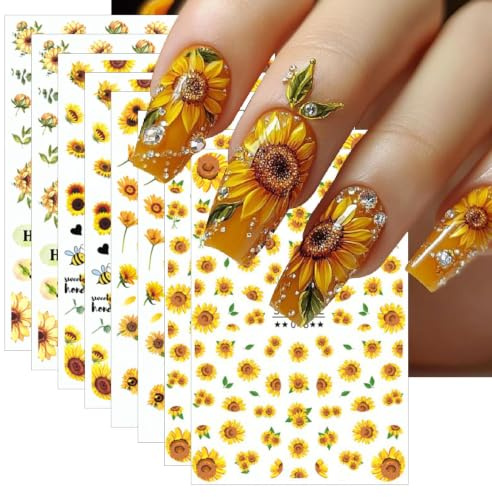 8 Stück Sonnenblumen-Nagelsticker, Nagelsticker mit Blumenmotiven, 3D-Nagelstickers mit Blumenmuster, gelbe Blumen, Schmetterlinge, Bienen,Nageldekoration für Frauen