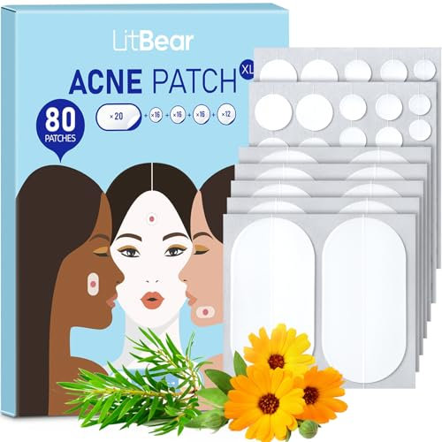 LitBear Lot de 80 grands patchs pour boutons en 5 tailles - Pour le visage et le corps - Traitement des taches d'acné avec de l'huile d'arbre à thé et de calendula et de l'hydrocolloïde