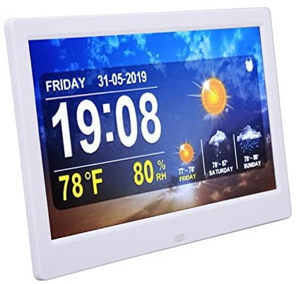 WLAN-Wetteruhr, 10 Zoll, 100–240 V, Weiß, Datum, Uhrzeit, Temperatur, Luftfeuchtigkeit, Farbdisplay, Wecker mit Fernbedienung, Unterstützt Fotos, Videos, Musikwiedergabe
