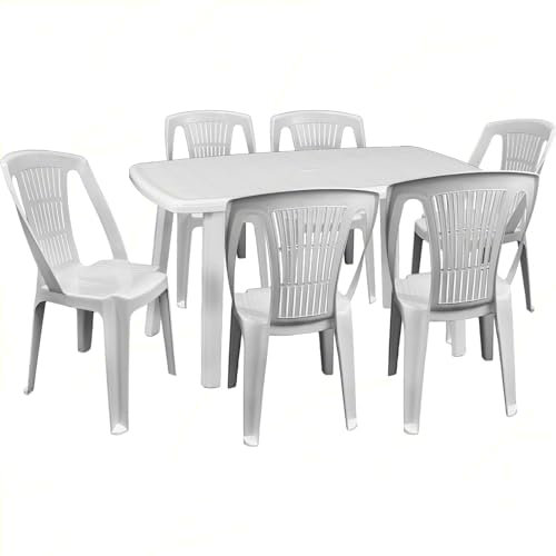 Sicignano Stella Set mit 6 Stühlen mit rechteckigem Tisch, oval, komplett weiß, Polypropylen, stapelbar, wasserdicht, einfache Montage, für Innen- und Außenbereiche, hergestellt in Italien