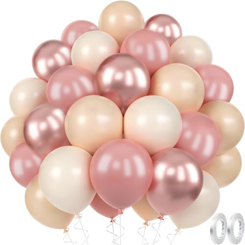 MUEZDUR Luftballons Aprikose Rosa Metallic Roségold SandWeiß, 60 Stück 12 Zoll Luftballons Retro Beige Rosa Set mit 2 Rollen Band Premium Ballons für Geburtstag Baby Shower Hochzeit Boho Party Deko