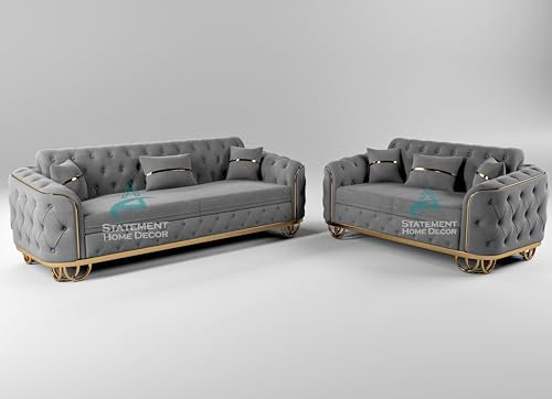 Dark Grey Plush Velvet Sofa, 2 Seater+3 Seater Sofa, 5 Seater Couch Living Room Sofas, Free Assembly & Delivery (DARK GREY)