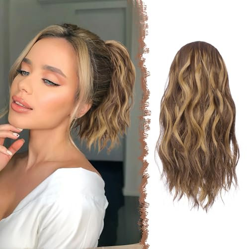 FESHFEN Pferdeschwanz Haarteil mit Kordelzug, 30 cm Wellen Zopf Pferdeschwanz Verlängerung Goldbraun Gemischt Blond Haare Extension Synthetik Kurz Wellig Haarverlängerung Ponytail für Damen Frauen