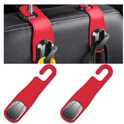 JNNJ 2 Stück Auto Kopfstützen Leder Hängen Haken, Auto Kopfstütze Autositz Lagerung Haken, Universal Auto Rücksitz Kopfstütze Leder Aufhänger für Hang Bag Handtasche Einkaufstaschen(Rot)