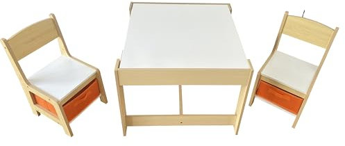simpa Children's Wooden Desk & Set of 2 Storage Drawer Chairs: Natural Wood Finish.
