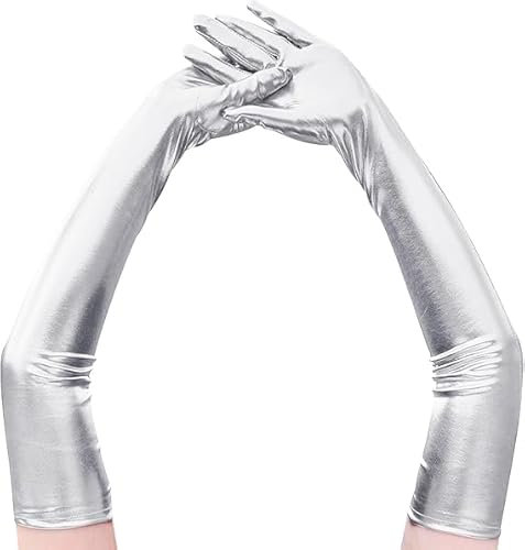 DIELOVEHUA Damen Lange Handschuhe, Handschuhe Lang Silber, Handschuhe Damen Elegant, 1920er Handschuhe für Partys, Halloween, Opern, Bälle, Abendpartys