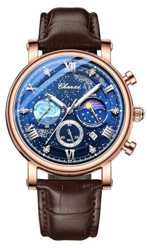JewelryWe Herrenuhr Echtleder Chronograph Uhr: 30m Wasserdicht Analog Quarz Armbanduhr Herren Braun Lederband Sternenhimmel Multifunktional Uhr mit Kalender, Leuchtzeiger, Stoppuhr, Rosegold Gehäuse