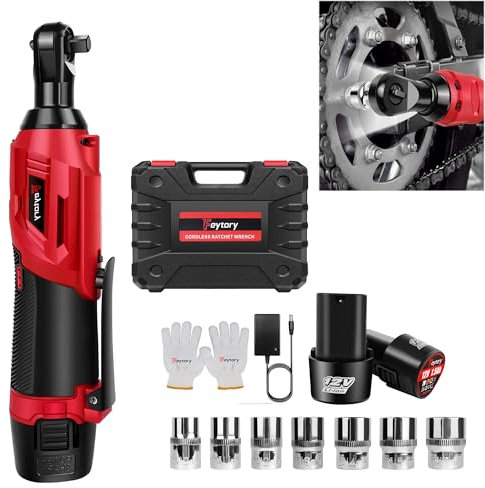 Cordless Electric Ratchet Wrench Kit, 0-2300 RPM 3/8 Inch Power Ratchet Wrench with Variable Speed Trigger 2X 1.5Ah Li-Ion Batteries, 7 Sockets, Fast Charge -Red