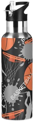 Yopersonalizes Botella de agua aislada con popote de 600 ml/567.0 g para jugador de baloncesto, botellas de agua deportivas de acero inoxidable, a prueba de fugas, para viajes, gimnasio