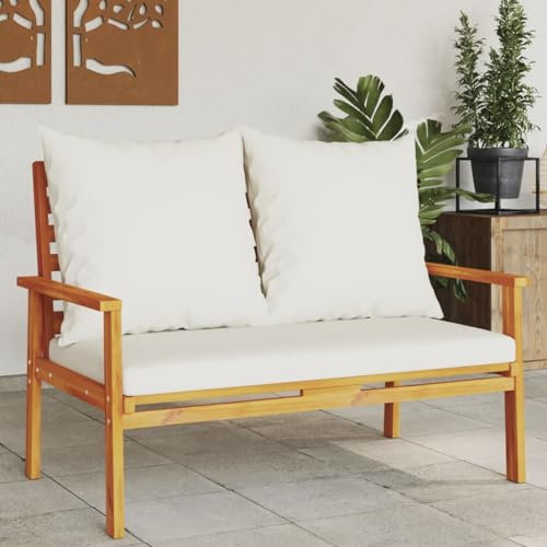 Massivholz Akazie Gartensofa Bank mit Kissen Outdoor Terrassenmöbel mit Armlehnen 120cm Holzstuhl für Hof und Deck