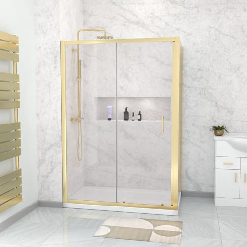 Nes Home 1100 x 800mm Shower Enclosure Sliding Door, Panel & Tray Brushed Brass